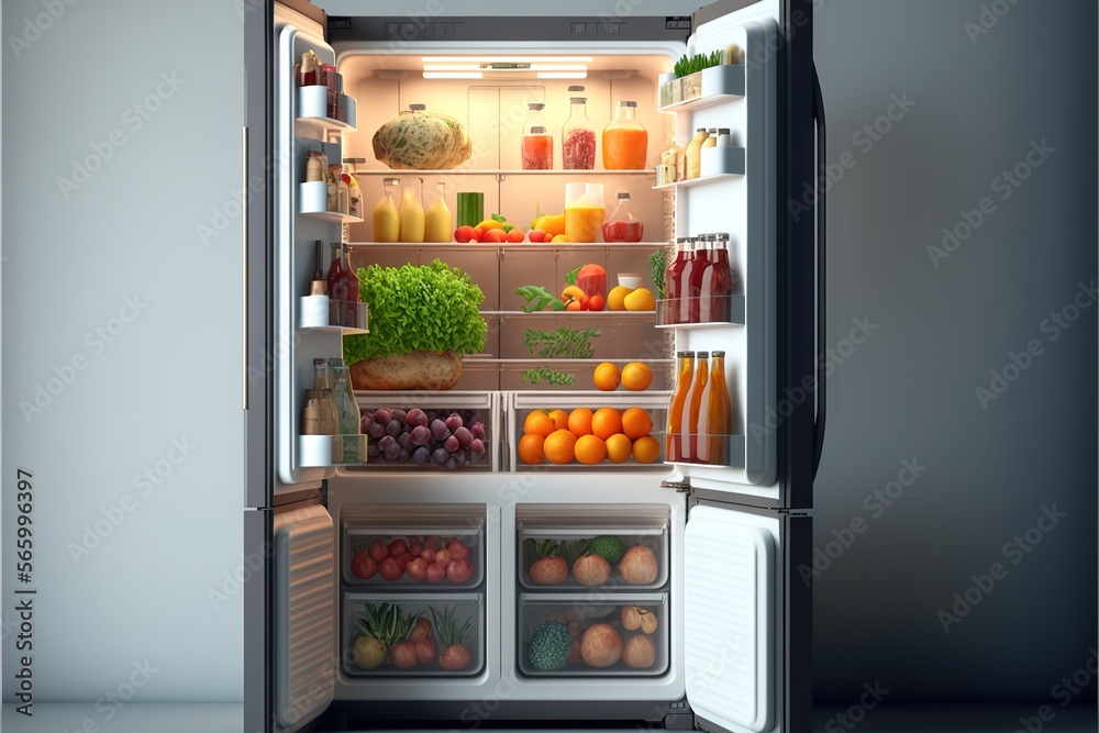 an open refrigerator filled with lots of different types of food and drinks, including oranges
