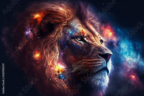 Lion galaxy nebulae face of Cosmic Lion. Generative AI