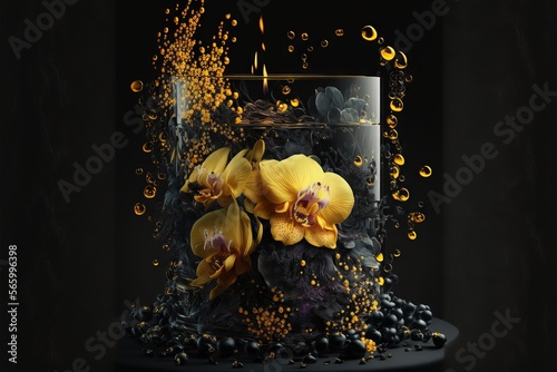  a glass vase filled with yellow flowers on top of a black tablecloth covered in bubbles of water and black pebbles and pebbles on the bottom of the glass.  generative ai