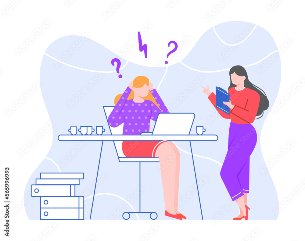 Stressed business people. Female manager sitting at desk overworked. Employee in stress, drinking coffee