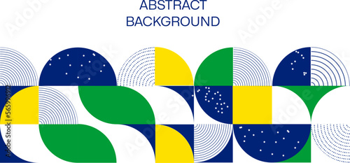 Abstract modern geometric background from simple geometric shapes, circles, circles. The colors of the flag of Brazil are green, blue, yellow.