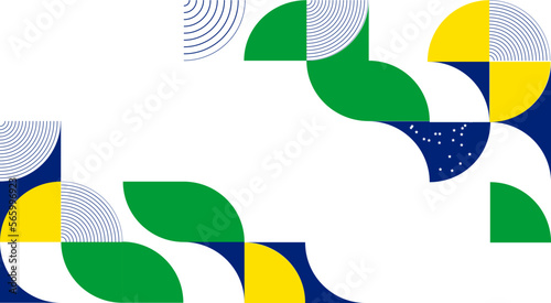 Abstract modern geometric background from simple geometric shapes, circles, circles. The colors of the flag of Brazil are green, blue, yellow. photo