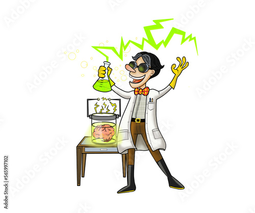 Comic style drawing of a mad scientist with a brain.