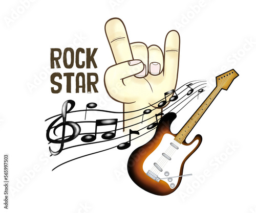 Image of a rock and roll gesture, accompanied by a vintage retro electric guitar and scale and musical notes, titled rock star.