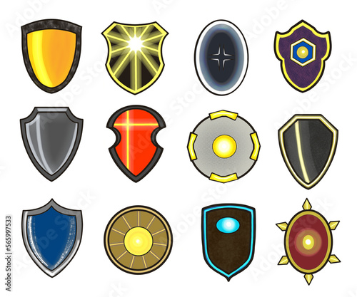 Set of twelve different colored shields in cartoon style.