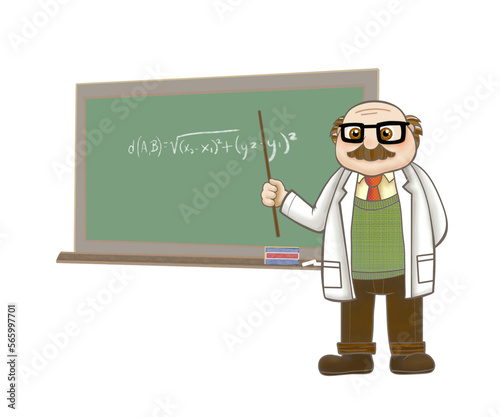 A teacher or scientist in front of a blackboard teaching mathematics.