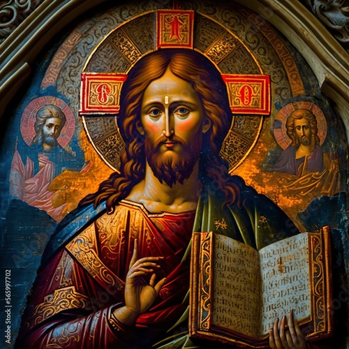 Photo Traditional orthodox icon Jesus Christ God holy Trinity symbolism