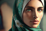 Fictional Person, muslim woman wearing a hijab in tangier, in a beautiful late afternoon, with beautiful green eyes, generated by IA
