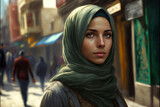 Fictional Person, a young muslim woman, wearing a hijab in tangier, in a late afternoon, with bright light-colored eyes, generated by IA,