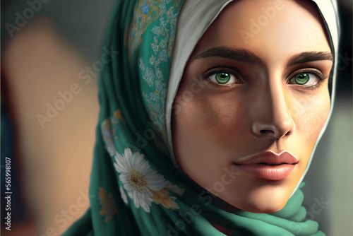 Fictional Person, muslim woman wearing a hijab in tangier, in a beautiful late afternoon, with beautiful green eyes, generated by IA