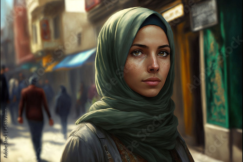 Fictional Person, a young muslim woman, wearing a hijab in tangier, in a late afternoon, with bright light-colored eyes, generated by IA, photo