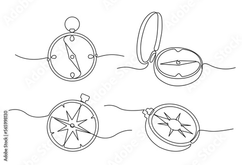 Traveller compass of different design. Single one line drawing equipment for exploration and navigation. Continuous line photo