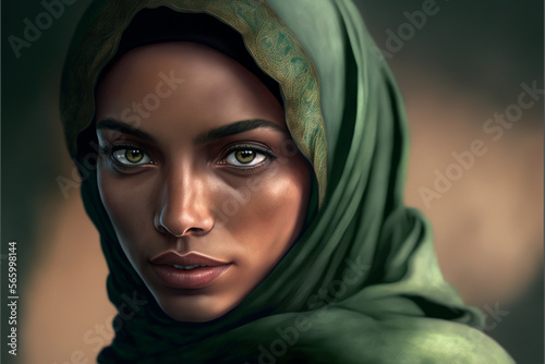 Fictional Person, very beautiful muslim woman wearing a hijab in tangier, in a beautiful late afternoon, with clear eyes, generated by IA,