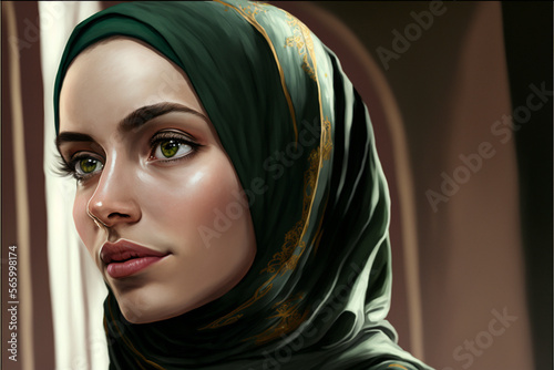 Fictional Person, young Muslim woman, with fair skin, wearing a hijab in tangier, in a beautiful late afternoon, with light-colored eyes, generated by IA