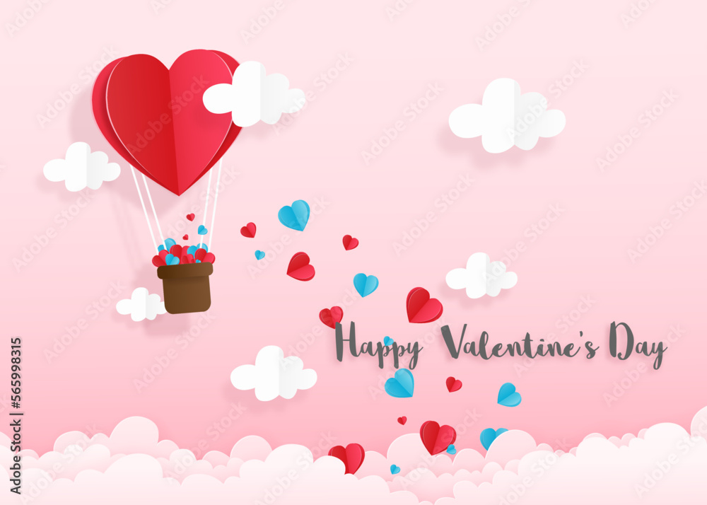 Happy valentine's day greeting card with heart balloon.Paper art style illustration.