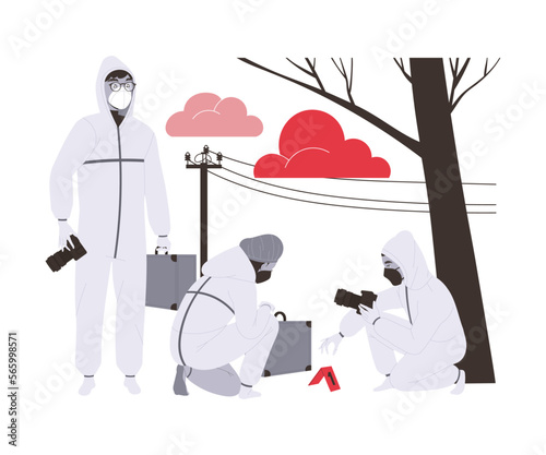 Man and Woman Police Expert in Suit Collecting Evidence at Crime Site Vector Illustration