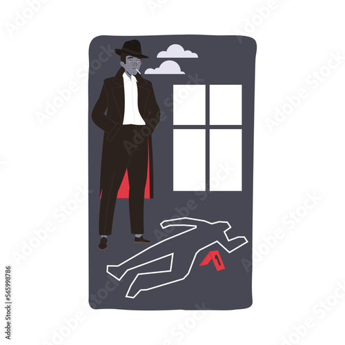 Male Detective in Hat Smoking Cigarette Standing at Killing Ground Vector Illustration