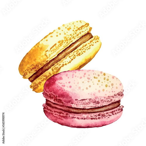 Watercolor image of blue macaroon decorated isolated on white background. Hand drawn illustration of popular crunchy dessert for cafe decoration