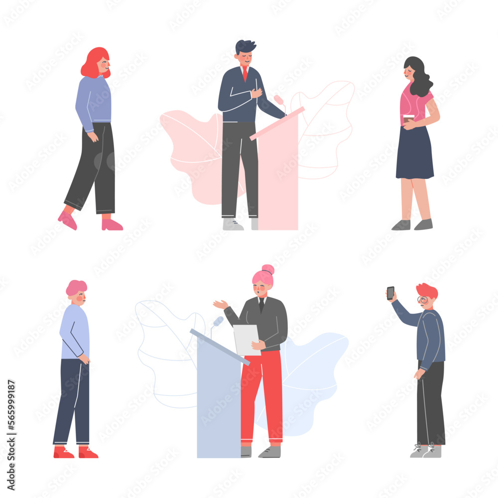 Young Man and Woman Student or Teenager Standing with Coffee and Speaking from Tribune Vector Set Young Man and Woman Student or Teenager Standing with Coffee and Speaking from Tribune Vector Set