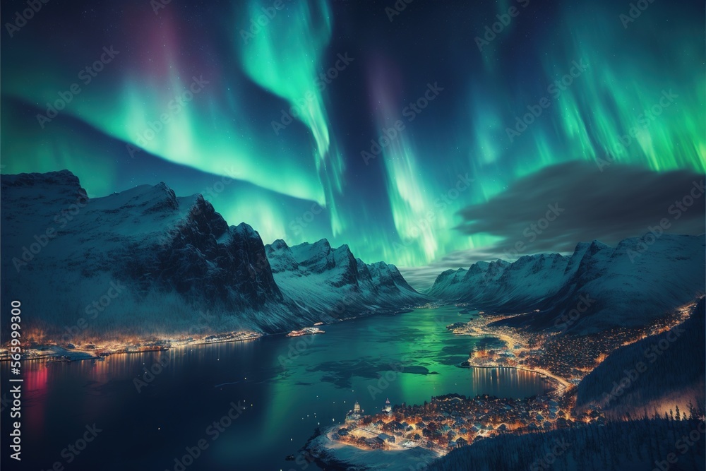  the aurora lights shine brightly over the mountains and a lake in the middle of a town at night with lights on the snow covered mountains.  generative ai