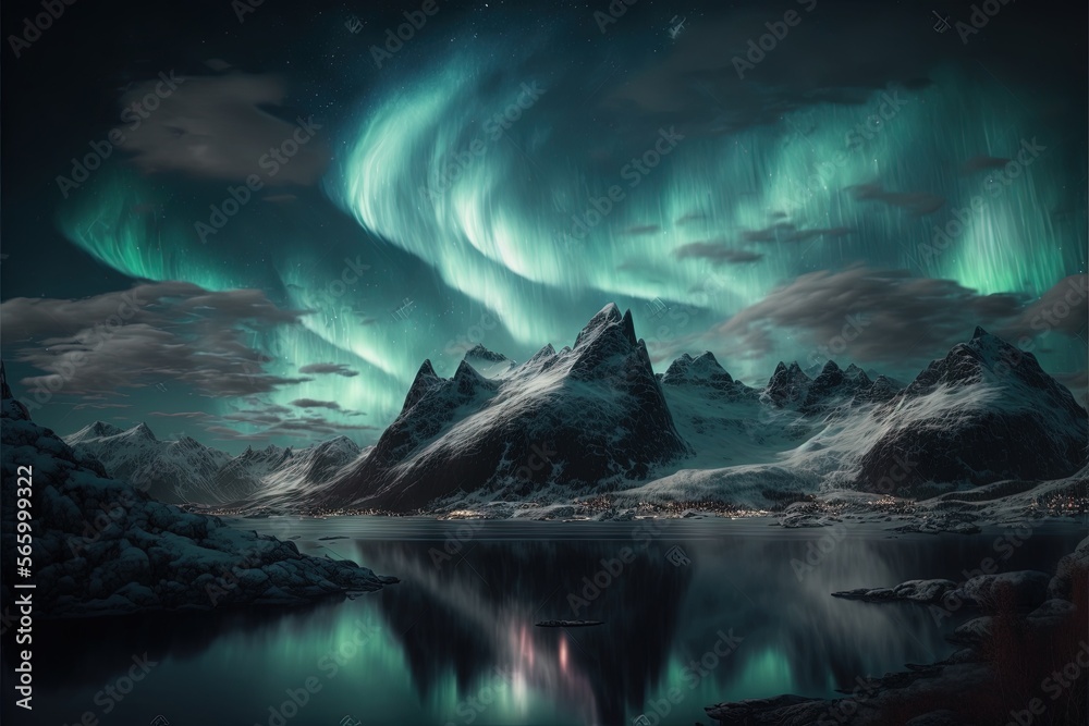  a painting of a mountain range with an aurora bore in the sky and a body of water in the foreground with a mountain range in the background.  generative ai