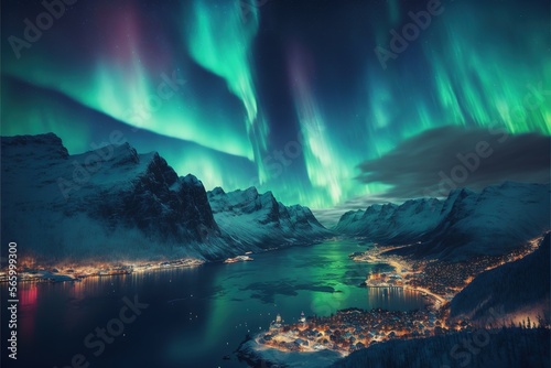  the aurora lights shine brightly over the mountains and a lake in the middle of a town at night with lights on the snow covered mountains. generative ai