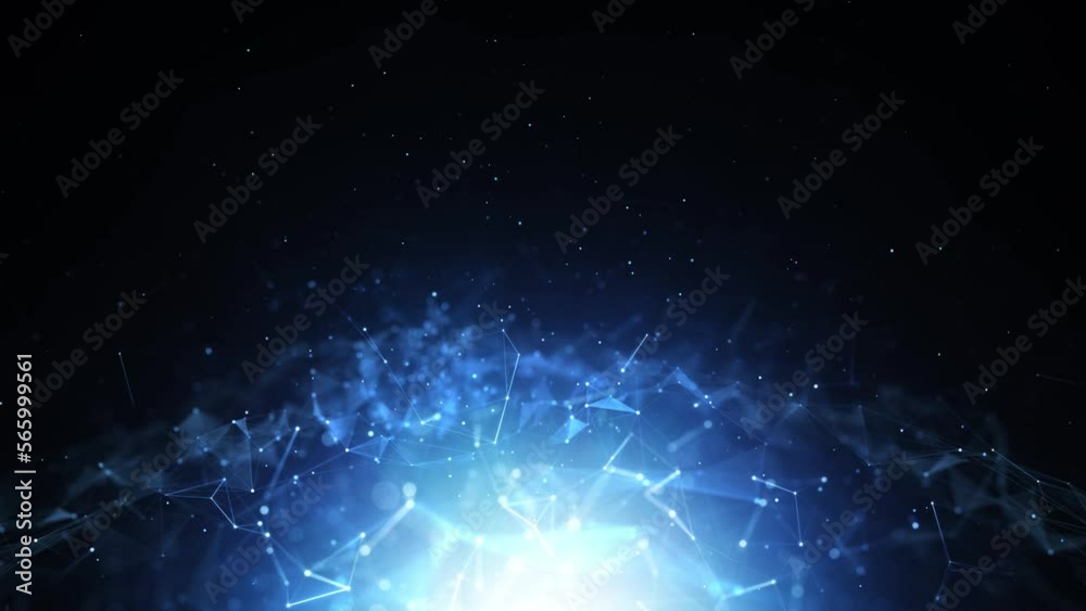 Seamless looping shining blue geometric digital lines dots technology motion on dark black background with copy space. 