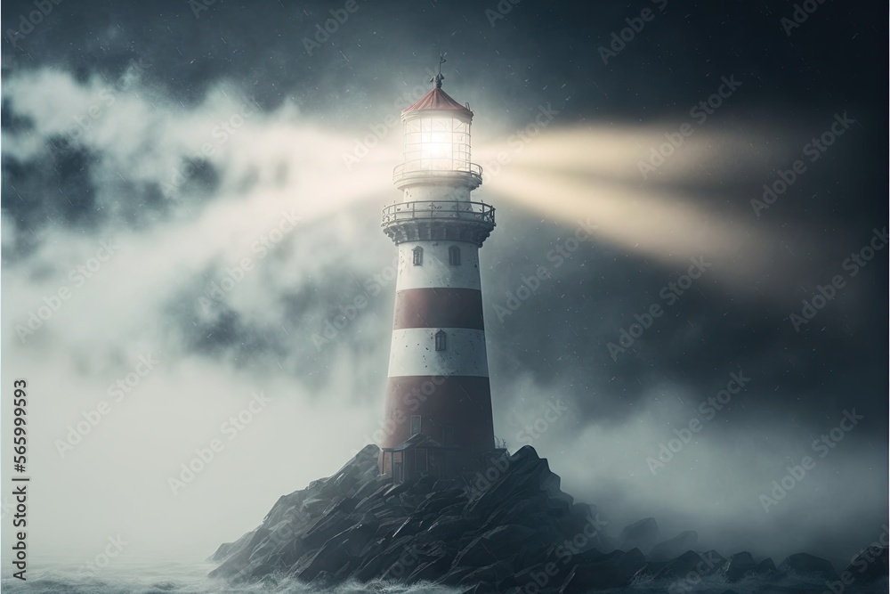  a lighthouse with a light on top of it in the middle of a body of water with a foggy sky behind it and a light shining on top of the lighthouse.  generative ai