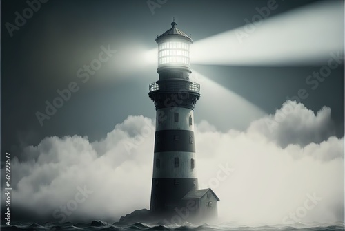 a lighthouse in the middle of the ocean with a light shining on it's head and clouds surrounding it and a boat in the water. generative ai
