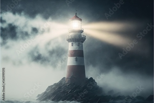 a lighthouse with a light on top of it in the middle of a body of water with a foggy sky behind it and a light shining on top of the lighthouse. generative ai