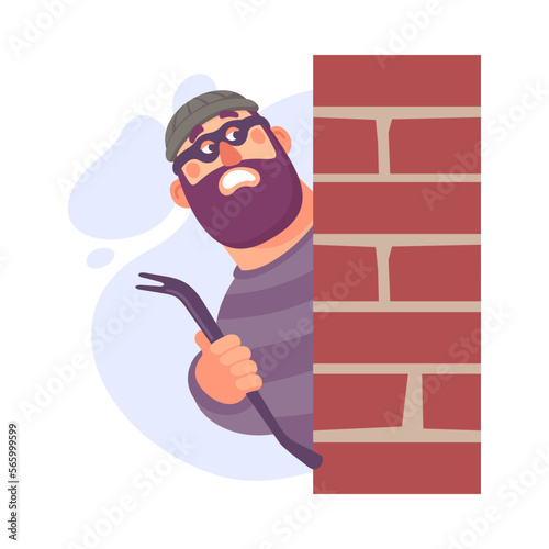 Bearded Man Criminal in Mask with Crowbar Looking from Corner Committing Crime Vector Illustration