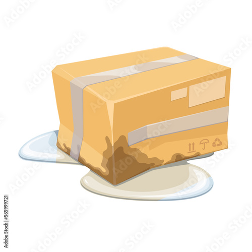 Damaged cardboard box with leaking product vector illustration. Cartoon broken dirty wet package in puddle of water, isolated smashed paper box with damage, fail of delivery and storage in warehouse