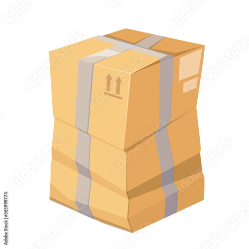 Broken crumpled damaged box vector illustration. Cartoon isolated crushed carton package with damage of bad cargo transportation and storage, wrinkled paper packaging with goods, box sealed with tape