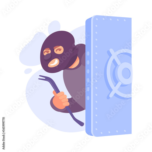 Man Criminal in Mask with Crowbar Looking from Safe Door Committing Crime Vector Illustration
