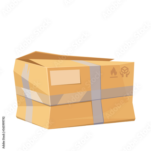 Damaged broken crumpled box vector illustration. Cartoon isolated crushed cardboard cargo package with crush damage of bad delivery and storage, wrinkled damaged open parcel with products and goods
