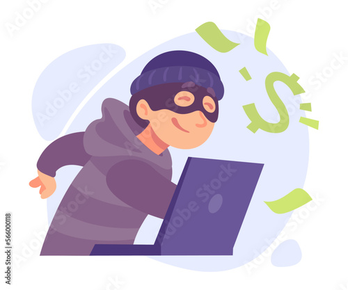 Man Criminal in Hoody and Mask at Laptop Stealing Money Committing Crime in Cyberspace Vector Illustration