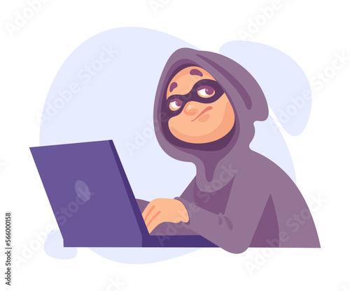 Man Criminal in Hoody and Mask at Laptop Stealing Money Committing Crime in Cyberspace Vector Illustration
