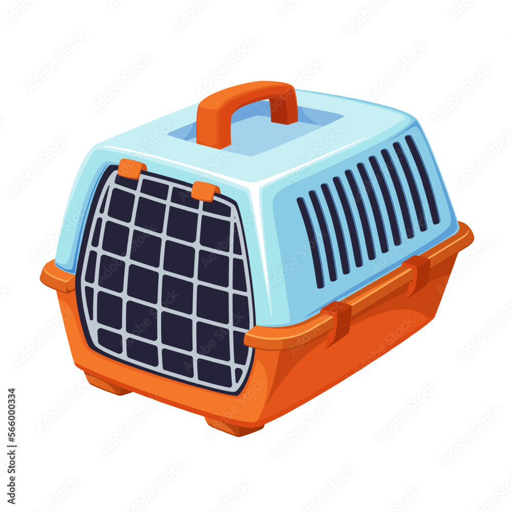 Pet carrier vector illustration. Cartoon isolated orange and blue plastic travel cage for dogs and cats, carrying portable box for animals transportation on car or train, veterinary accessory of pet Pet carrier vector illustration. Cartoon isolated orange and blue plastic travel cage for dogs and cats, carrying portable box for animals transportation on car or train, veterinary accessory of pet