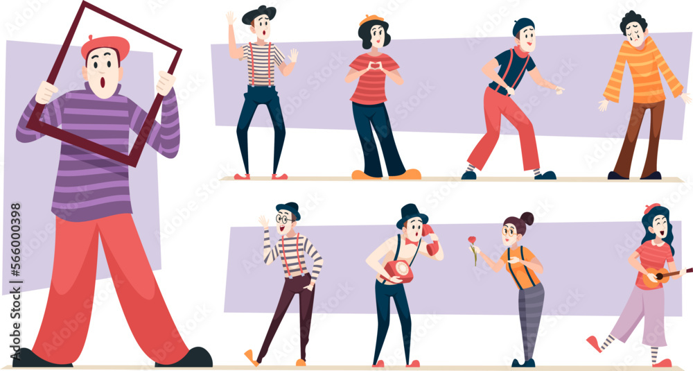Mime artists. Street actors comedian show theatrical mime people in action poses exact vector illustrations set