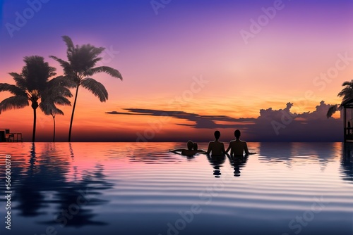 Illustration of a couple watching the tropical sunset in an infinity pool while on vacation. Ai generated. © Joaquin Corbalan