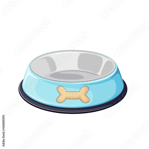 Empty bowl for pet food vector illustration. Cartoon isolated metal blue plate with bone symbol to feed hungry dogs, round bowl and cute accessory for doggy eating dry fodder and snacks on dinner