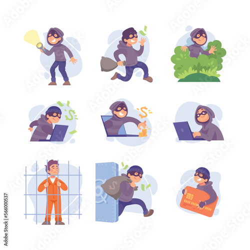 Man Criminal in Mask Committing Crime Engaged in Theft Vector Set