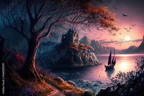 A dreamlike fantasy landscape with a towering tree and a serene ocean, featuring a ship sailing towards a breathtaking sunset and a castle perched atop a hill in the distance, generative ai