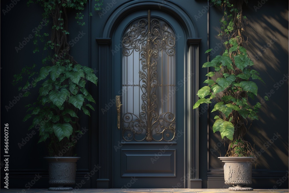 a door with a plant next to it and a potted plant next to it on the side of a building with a blue door. generative ai a door with a plant next to it and a potted plant next to it on the side of a building with a blue door. generative ai