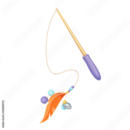 Toy for cat vector illustration. Cartoon isolated stick with feather and fluffy colorful balls on long string for kitten to play, wand teaser or fishing rod, item of pet shop for fun games of cats