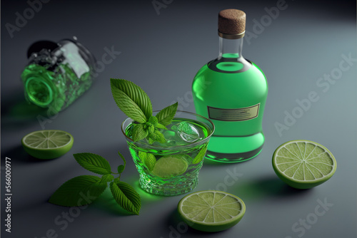  a bottle of gin and a glass of limeade with mints and lime slices around it on a gray background with a bottle of gin.  generative ai