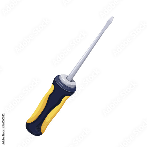 Screwdriver vector illustration. Cartoon isolated tool of construction worker to screw in bolts, equipment with metal stud, yellow and black plastic handle, screwdriver instrument from toolkit