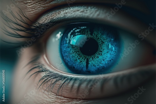  a close up of a blue eye with a reflection of a moon in the center of the iris of the eye and a black circle around the eye. generative ai