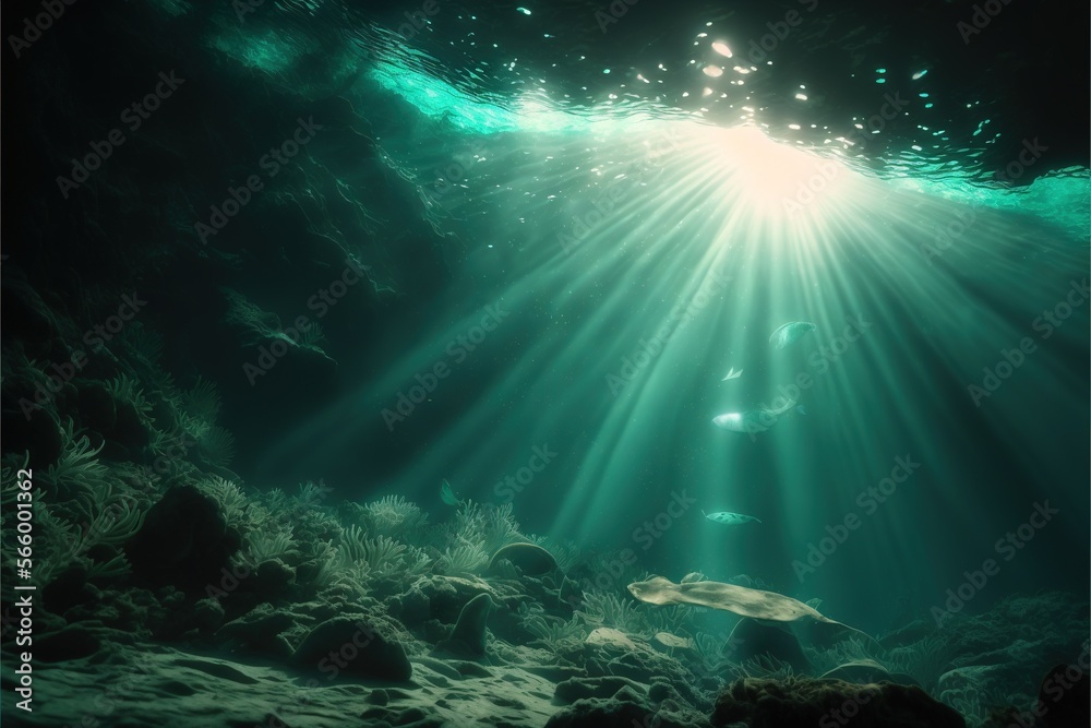 an underwater view of the ocean floor with sunlight streaming through the water and a fish swimming in the water below the water surface and rocks. generative ai an underwater view of the ocean floor with sunlight streaming through the water and a fish swimming in the water below the water surface and rocks. generative ai