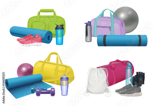 Sport items. Equipment for workout fitness or gym activities decent vector realistic sport bags and accessories